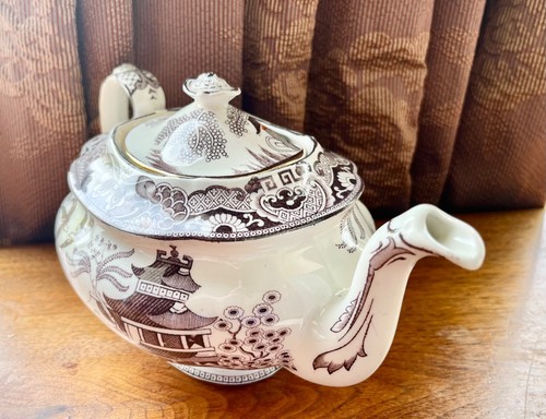 Antique England Burleigh Pottery Lidded Teapot Willow Brown 5.75" EUC - 第 2/10 張圖片