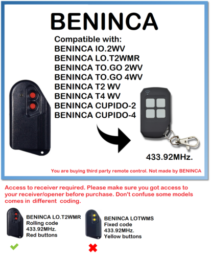 Telecomando compatibile BENINCA CUPIDO-2, CUPIDO-4 Rolling code 433,92MHz. - Foto 5 di 7