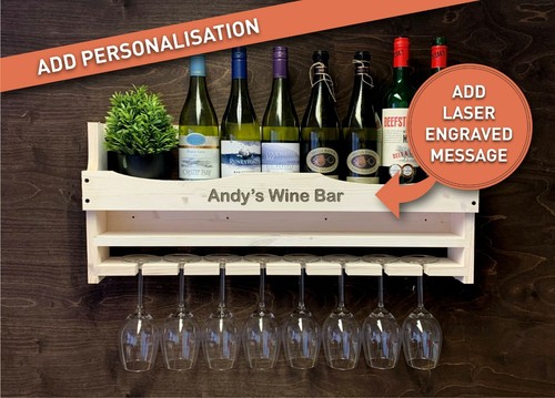 Personalised Shabby Chic Wooden Wine Shelf Rack Bottle 8 Glass Home Bar (8SC) EM - Picture 2 of 3