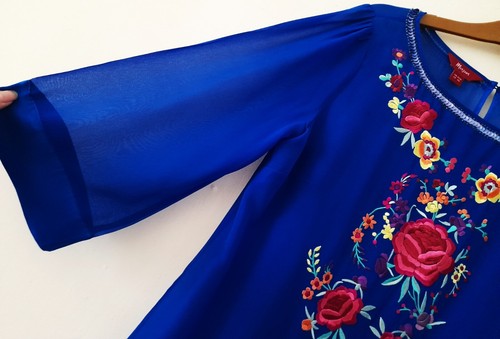 Monsoon 100% Silk Blue 3/4 Sleeve Floral & Sequin Mini Dress/Top Size 12(BNWOT) - Picture 4 of 9