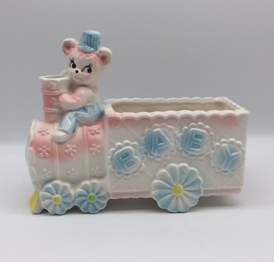 Vintage Baby Nursery Ceramic Planter Thomas Ivey Relpo 6140 Train Bear Blue Pink