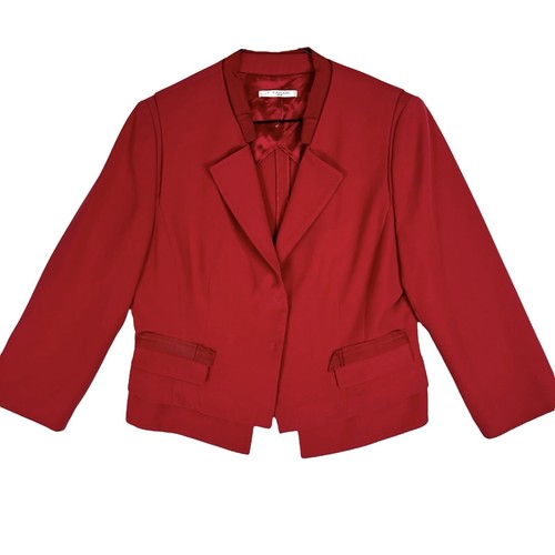 Tahari Red Blazer Jacket Size 14P 3/4 Sleeve Faux Vest Hidden Snap Retro Holiday