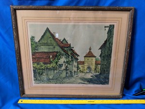 Antique-Alexander-Mantua-Tyrol-Woodblock-Signed-Print-Art-Wood-Frame-Glass-VTG