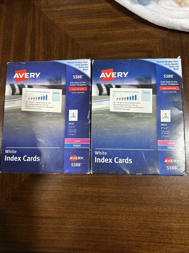 Set 2 Avery 5388 bedruckbare 3""x5"" Karteikarten für Laser + Tintenstrahlpackung 150. Neu