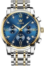 OLEVS Men's Stainless Steel Chronograph Watch, Big Face Gold Silver Black Tone