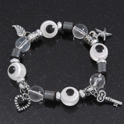 Evil Eye Schwarz/Weiß Acryl Perlen Schutz Stretch Armband In Burn Silver -