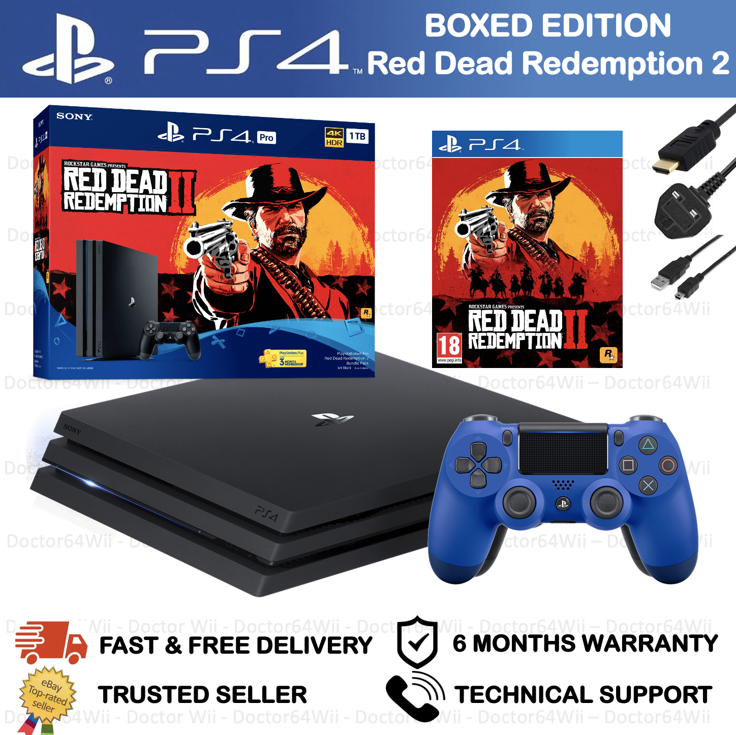 Sony PS4 PRO PlayStation Red Dead Redemption 2 Console Bundle 1TB