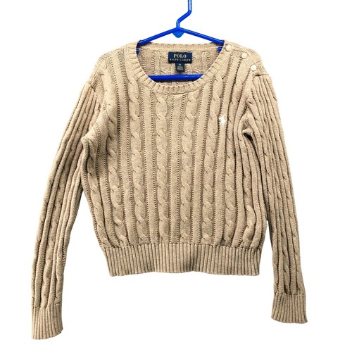 Polo Ralph Lauren Girls 6X Cable Knit Sweater Tan Crewneck Cotton Pullover Pony