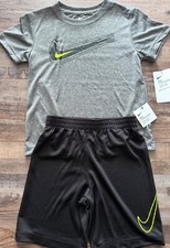 NWT Nike Little Boys 7 Black/Gray/Neon Yellow Swoosh Shorts Set