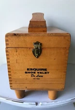 Vintage Wooden Esquire Shoe Valet De Luxe Shoe Shine Box Kit + Brushes & Polish