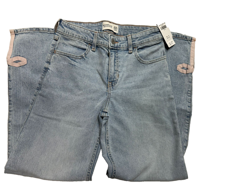 Abercrombie Kids Girls Jeans Size 13/14 High Rise Wide Leg Blue Denim Pink Bow - Picture 3 of 7