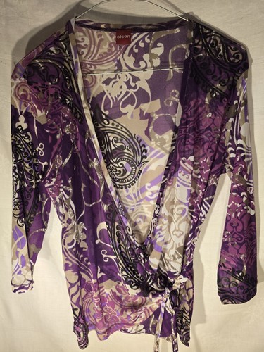 Oui ladies purple 3/4 sleeve thin mesh crossover top size 10 / 12 - Picture 1 of 8