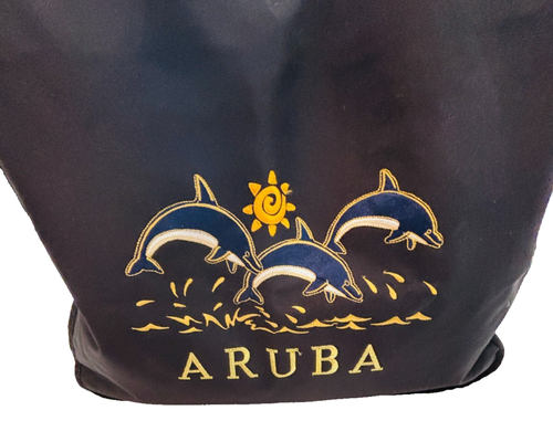 Aruba Embroidered Black Canvas Zippered Tote Bag Large 16 x 21 x 5 Caribbean Sea - Picture 3 of 8