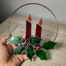 Vtg Stained Glass Christmas Decoration Decor Holly Candles