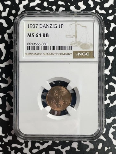 1937 Danzig 1 Pfennig NGC MS64RB Lot#G840 Choice UNC!