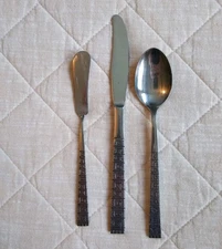 Stylecraft Stainless Japan SYF7 Greek Key Pattern soup spoon, knife, spreader