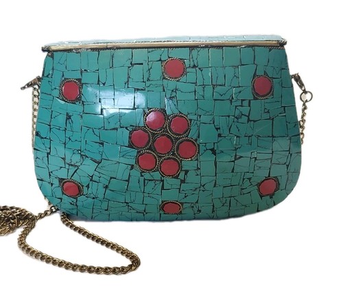 Antik Kraft Amoli Clutch Turquoise Coral Mosaic Patterned Purse Shoulder Handbag - Picture 2 of 9