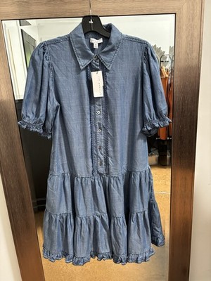 Current Air Chambray Blue Tiered Ruffle Mini Dress Cottagecore Women s Sz XS NEW