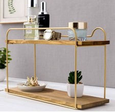 Mensole da parete galleggianti in legno marrone naturale a 2 livelli con struttura in metallo ottone vintage