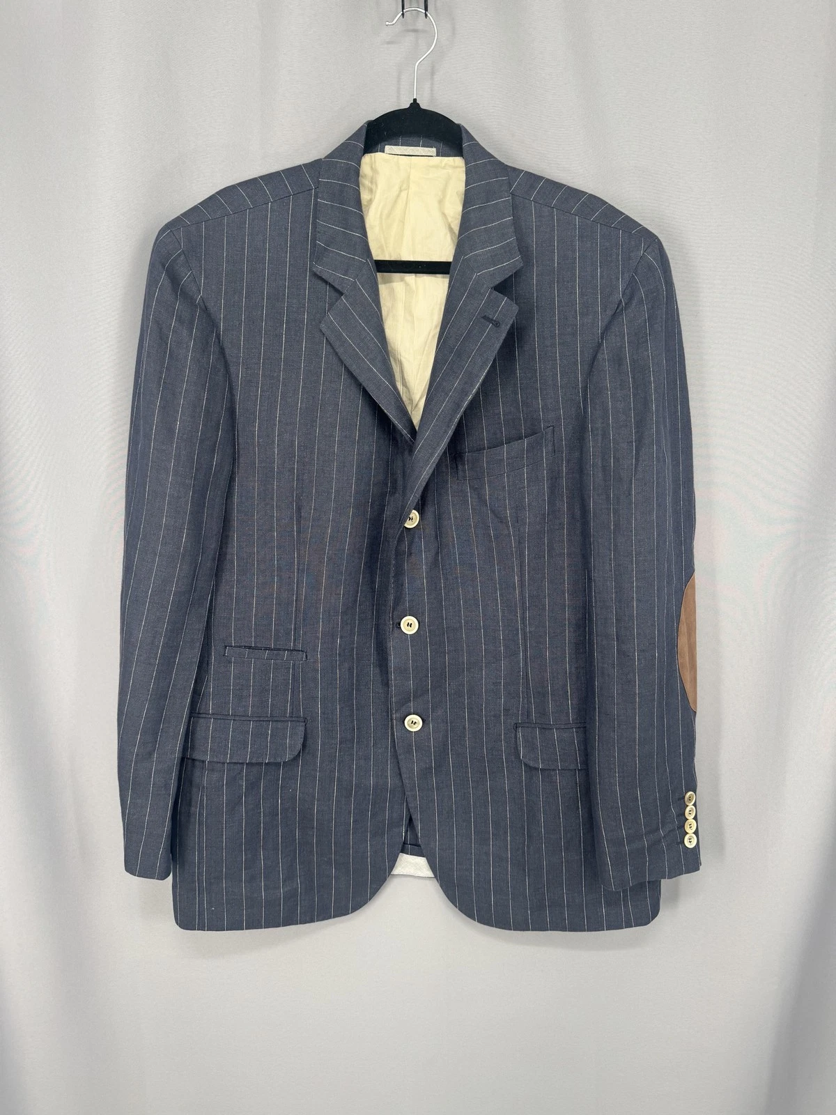 Brunello Cucinelli — Brunello Cucinelli Sport Coat Mens 46 US Blue Linen Pinstripe Elbow Patch Italy