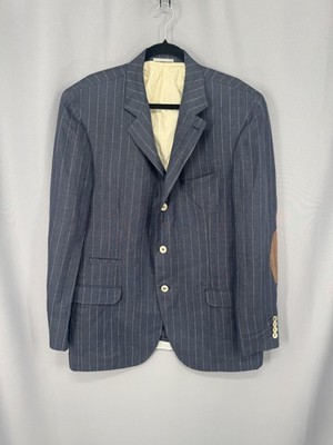 Brunello Cucinelli Sport Coat Mens 46 US Blue Linen Pinstripe Elbow Patch Italy
