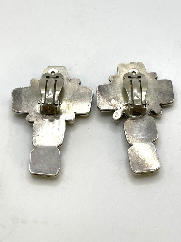 PENDIENTES CRUZADOS GRANDES NAVAJO Vintage Plata Esterlina TURQUESA Verde Clip-On Foto 4 de 4