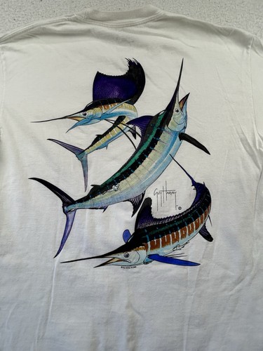 Guy Harvey Mens T Shirt Large White Cotton Long Sleeve Marlin Sailfish Tee