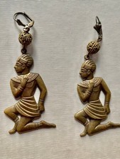 Egyptian Revival Kneeling Pharaoh Earrings Brass Lightweight Pierced 2.5 in