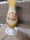 White Milk Glass Hurricane Electric Lamp 1950's Hand painted Florals Key Turn