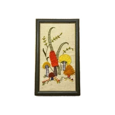 Vintage Mushroom Crewel Yarn Embroidery Framed 70s Hippie Boho Wall Art Handmade
