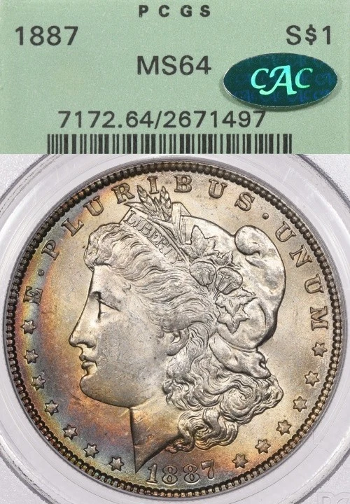 PCGS Certified MS 64 Graded 1887 Year Morgan US Dollars (1878-1921
