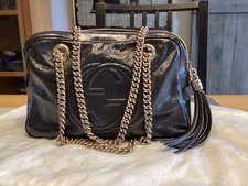 GUCCI Soho Lackledertasche Schultertasche dunkelgrau, Goldkette TOP