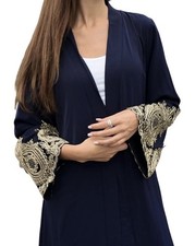 Navy Kimono Jacket with Gold Embroidered Accents, Long Open Front, Lightweight