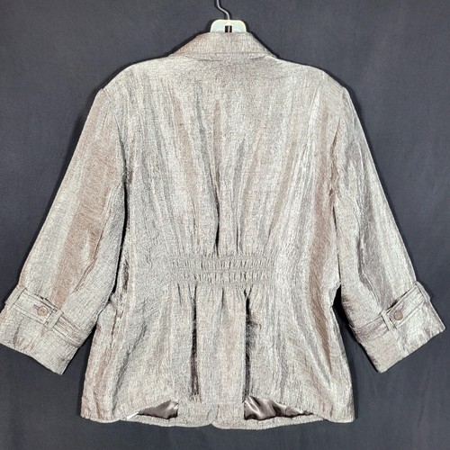 Joan Rivers Blazer Jacket Shimmer Metallic SILVER Smocked Waist 3/4 Sleeve - Picture 2 of 8