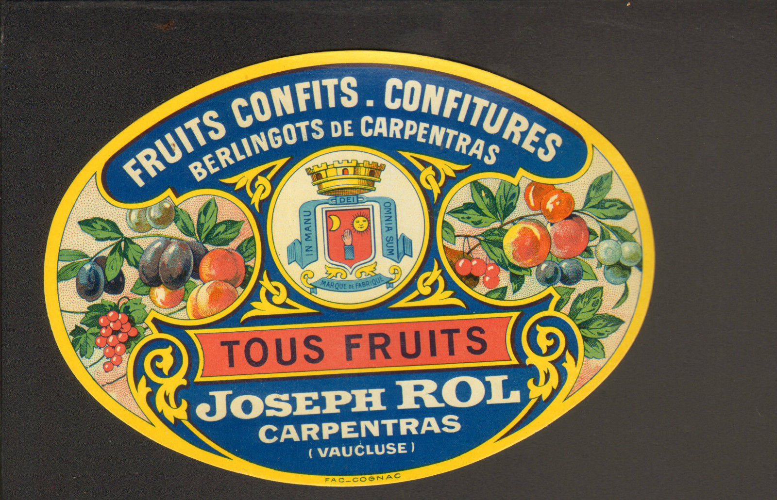 5 ETIQUETTES ANCIENNES FRUITS CONFITS CONFITURES Joseph Rol