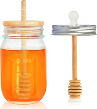 16Oz Glass Honey Jar with Dippers Stick Set,Honey Pot with Dipper and Lid,Honey