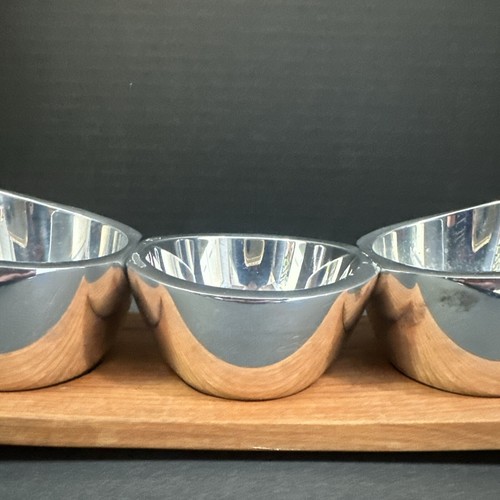 Nambe Trio Condiment Set with Wooden Base Neil Cohen 6271 Bowls - Picture 3 of 19