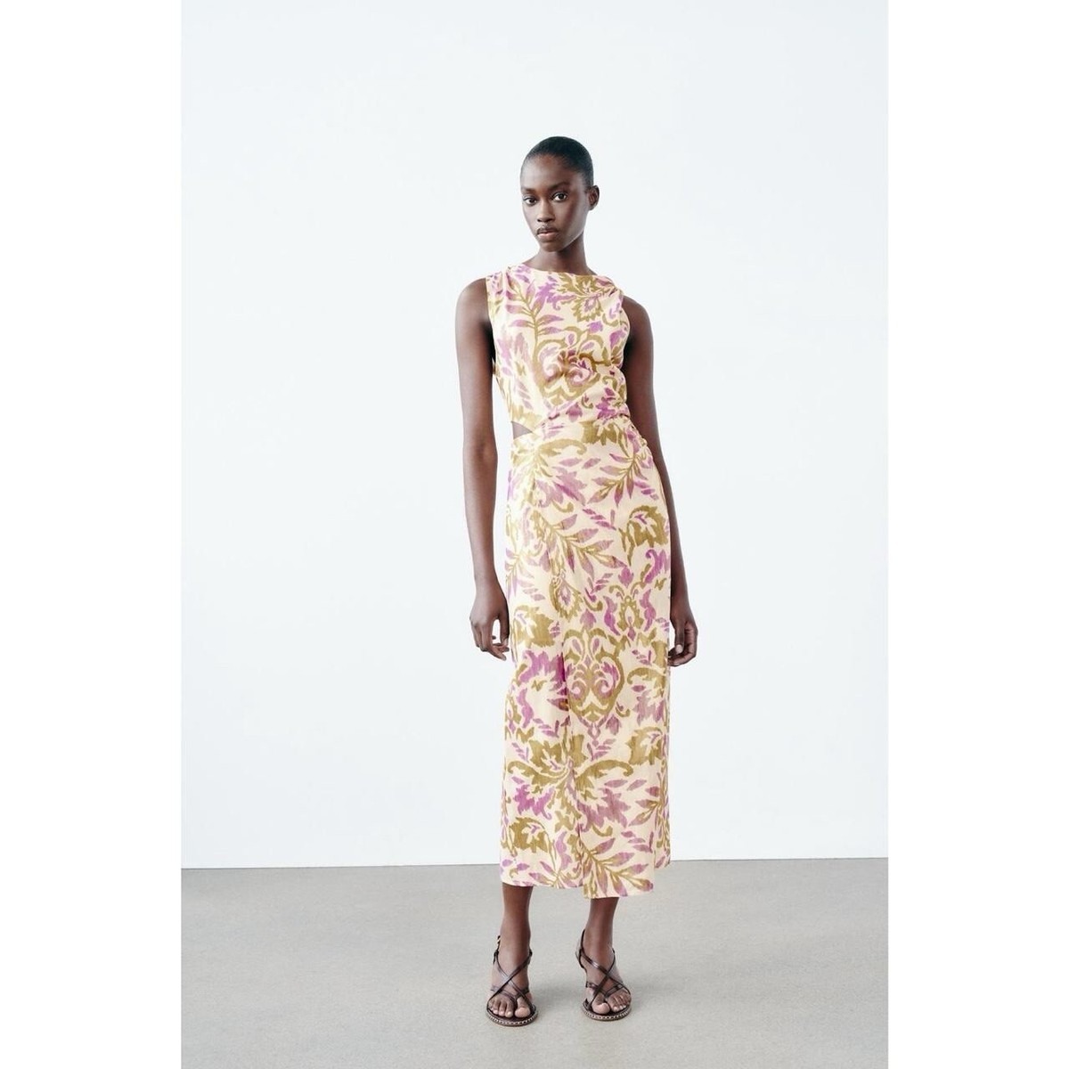 Zara Metallic Thread Printed Midi Dress Large Sleeveless