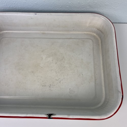 Vintage Enamelware White Red Rim Baking Dish Pan Refrigerator Dish Rectangle - Picture 3 of 14