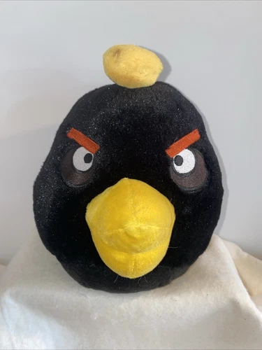 2010 Commonwealth Angry Bird Black Bomb 8" Plush Stuffed Animal Doll Yellow Beak