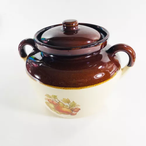 Vintage McCoy Pottery 342 Bean Pot w Lid 3 Qt USA Oven Proof Fruit Brown Tan 