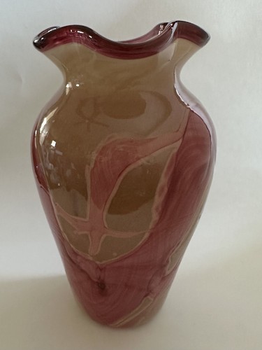 Vintage 1999 Art Glass Vase Hand Blown Abstract Signed Red Pink Tan Cranberry - Picture 8 of 23