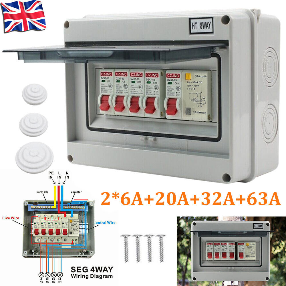 4 Way Garage Shed Camper Van Caravan Consumer Unit Fuse Box with RCD and 4 x MCB