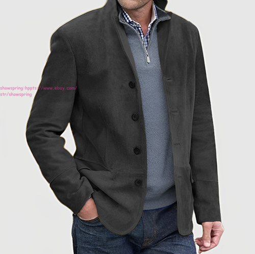 Men's Faux Suede Leather Jacket Fall/ Winter Lapel Coats Casual Retro Outerwear - Picture 4 of 15