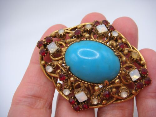 DE COLECCIÓN BROCHE COLGANTE FLORENZA IMITACIÓN TURQUESA RUBÍ PIEDRA LUNAR FIRMADO TONO DORADO - Imagen 3 de 13