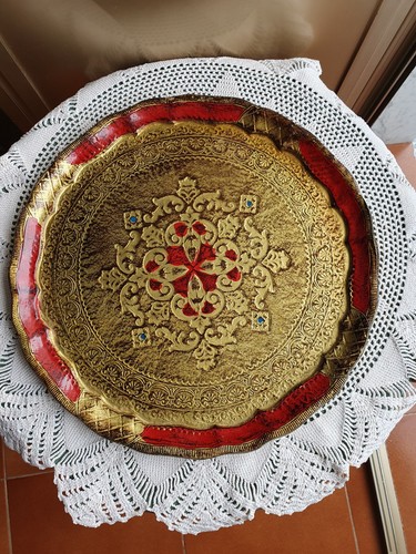 Vassoio Fiorentino Italiano Vintage Decorativo Oro Dorato Vassoio in Legno,... - Foto 2 di 16