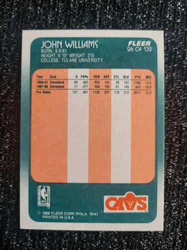 John Williams Cleveland Cavaliers 1988 Fleer #26 - Picture 2 of 2