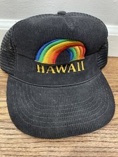 Vintage 80s Hawaii Rainbow Snapback Trucker Black Corduroy Hat NL