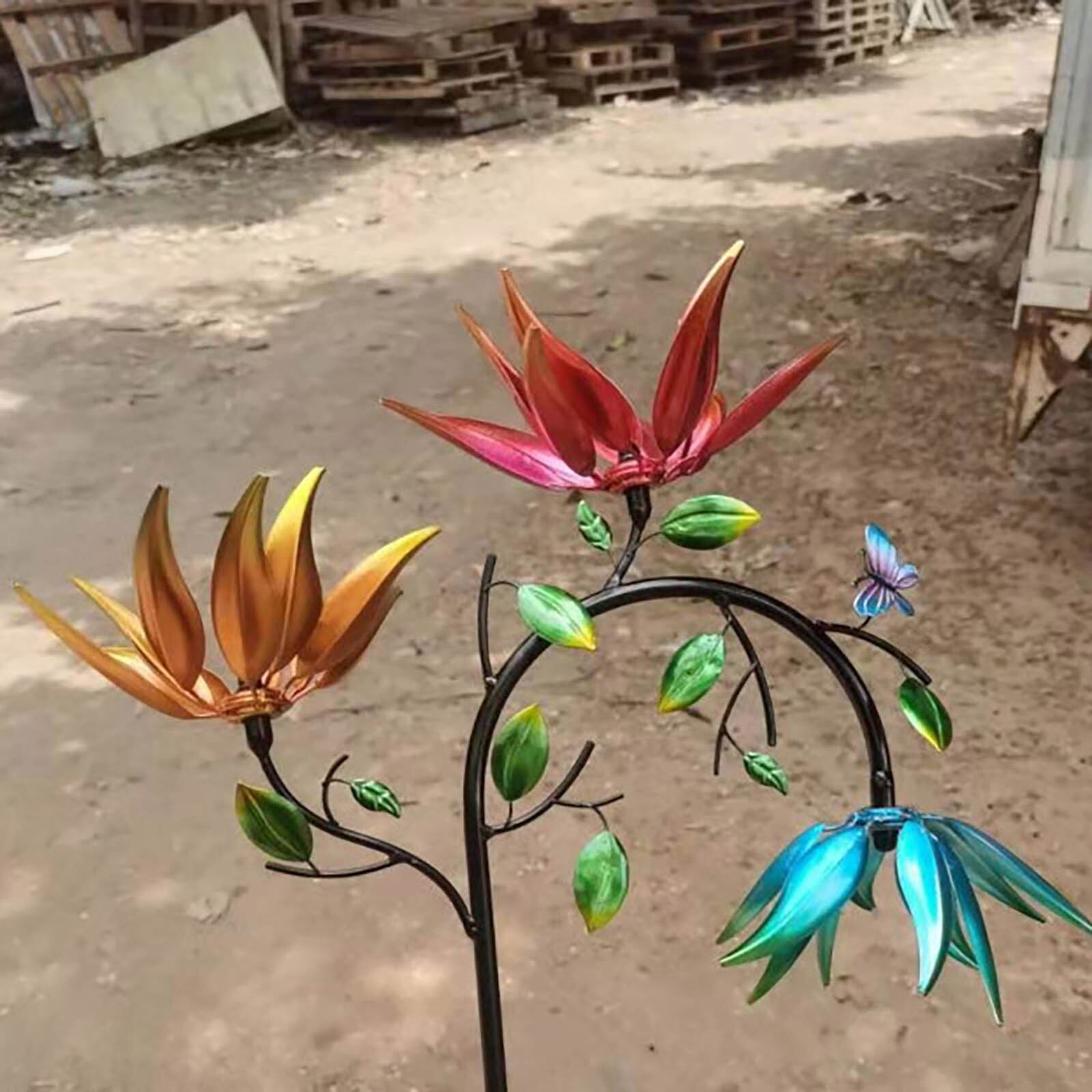 Large Wind Wind With Metal With Three Spinning Flowers And Butterflies Windmill eBay