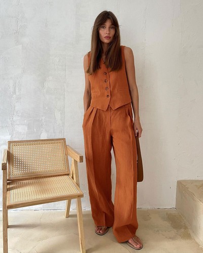 Conjunto de dos piezas chaleco y pantalones de verano de moda para mujer de lino y algodón - Imagen 22 de 27